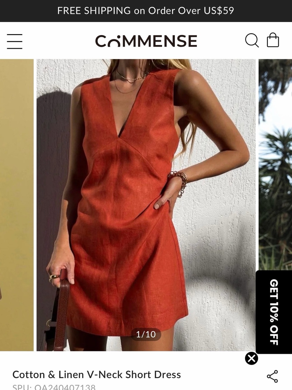 Commense Rust V-Neck Sleeveless Cotton-Linen Mini Dress